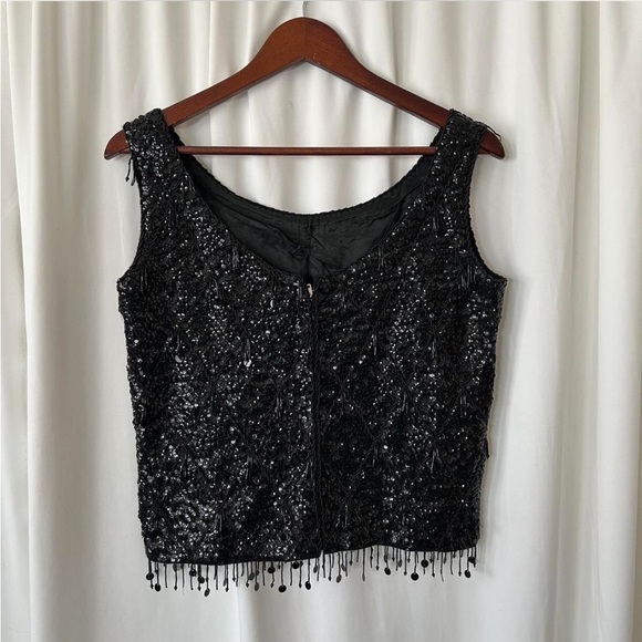 Vintage 1960s Black sequin tank top with beaded fringe glam 100% Wool Medium. - Picture 3 of 8